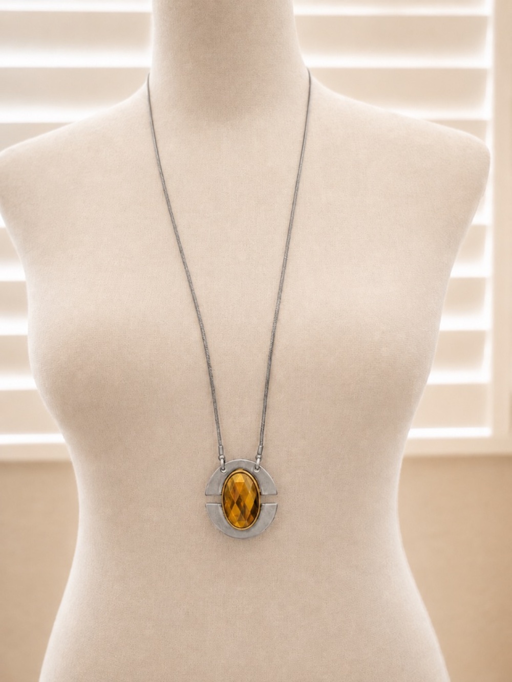 Gold and Silver Tone Faceted Oval Pendant Necklace